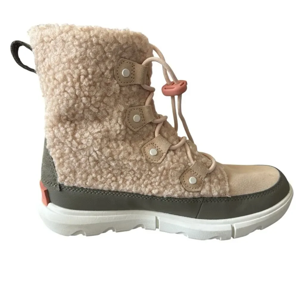 Sorel Youth Explorer II Joan Cozy Sherpa Lace Up Winter Boot Natural Green Sz 6